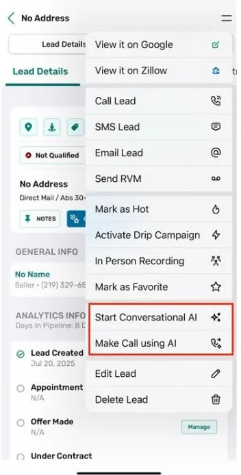 REsimpli mobile app lead details menu showing Start Conversational AI and Make Call using AI
