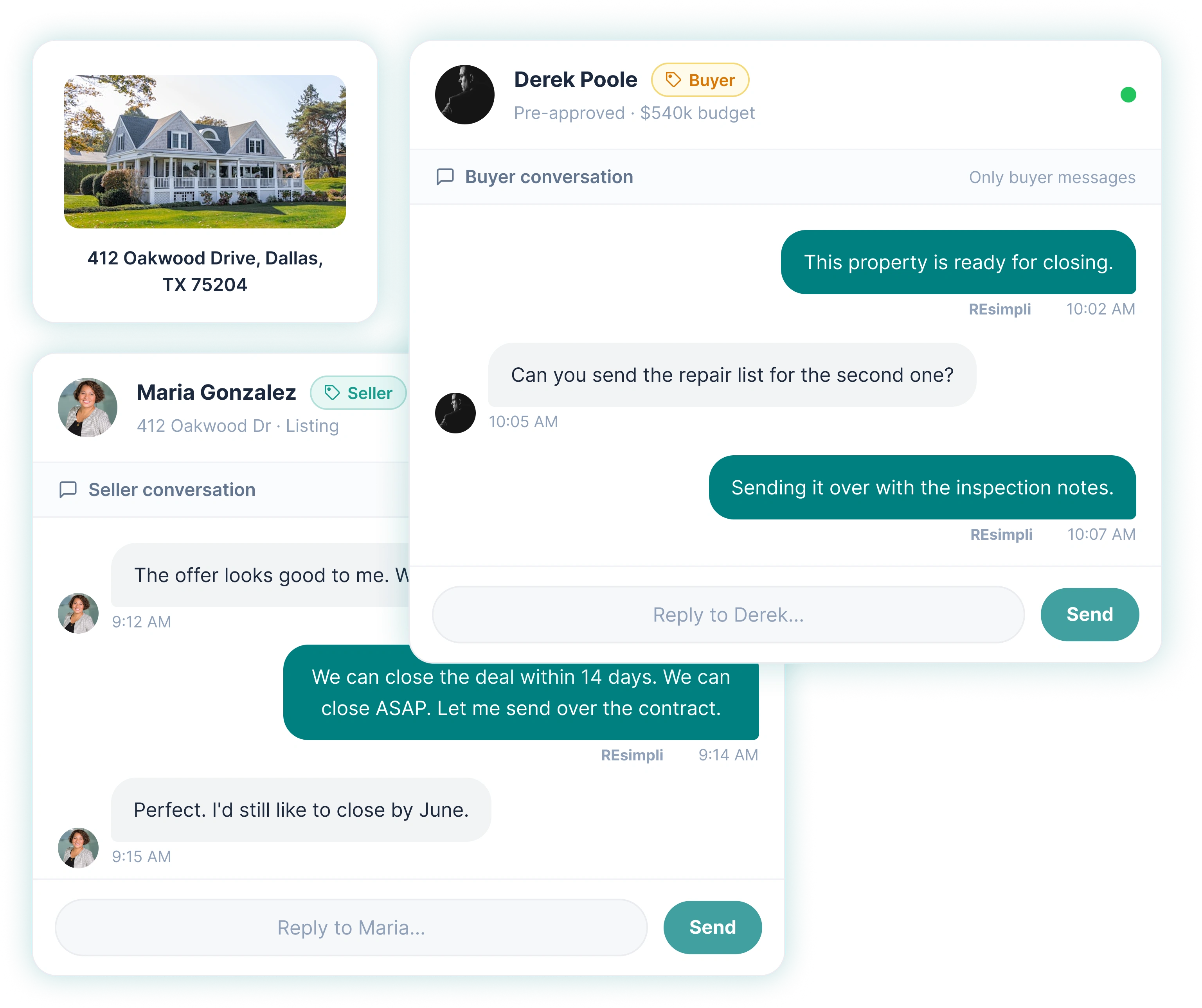 Separate seller and buyer conversation threads connected to the same property in REsimpli