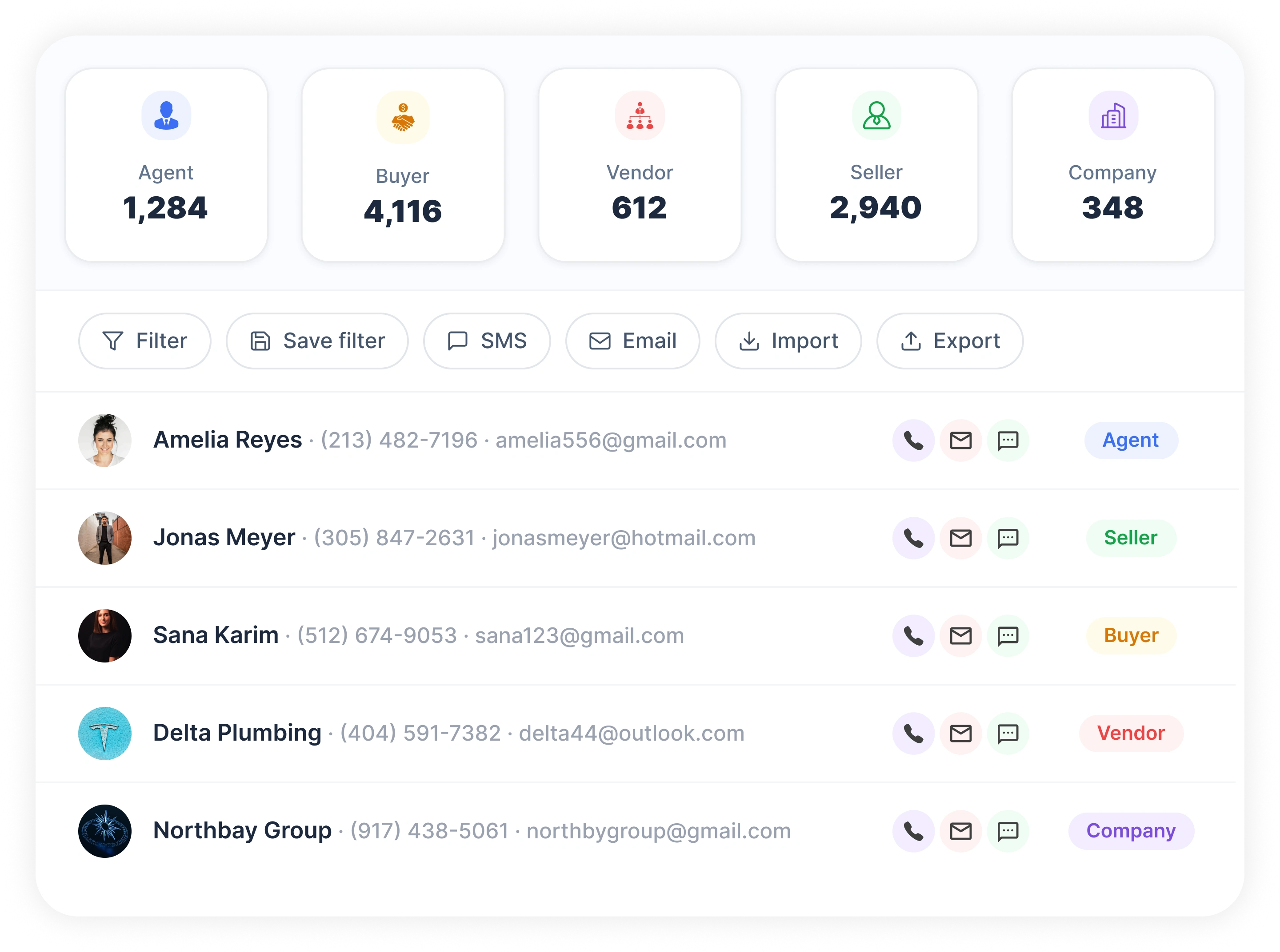 REsimpli contact list with sellers, buyers, agents, vendors, and companies