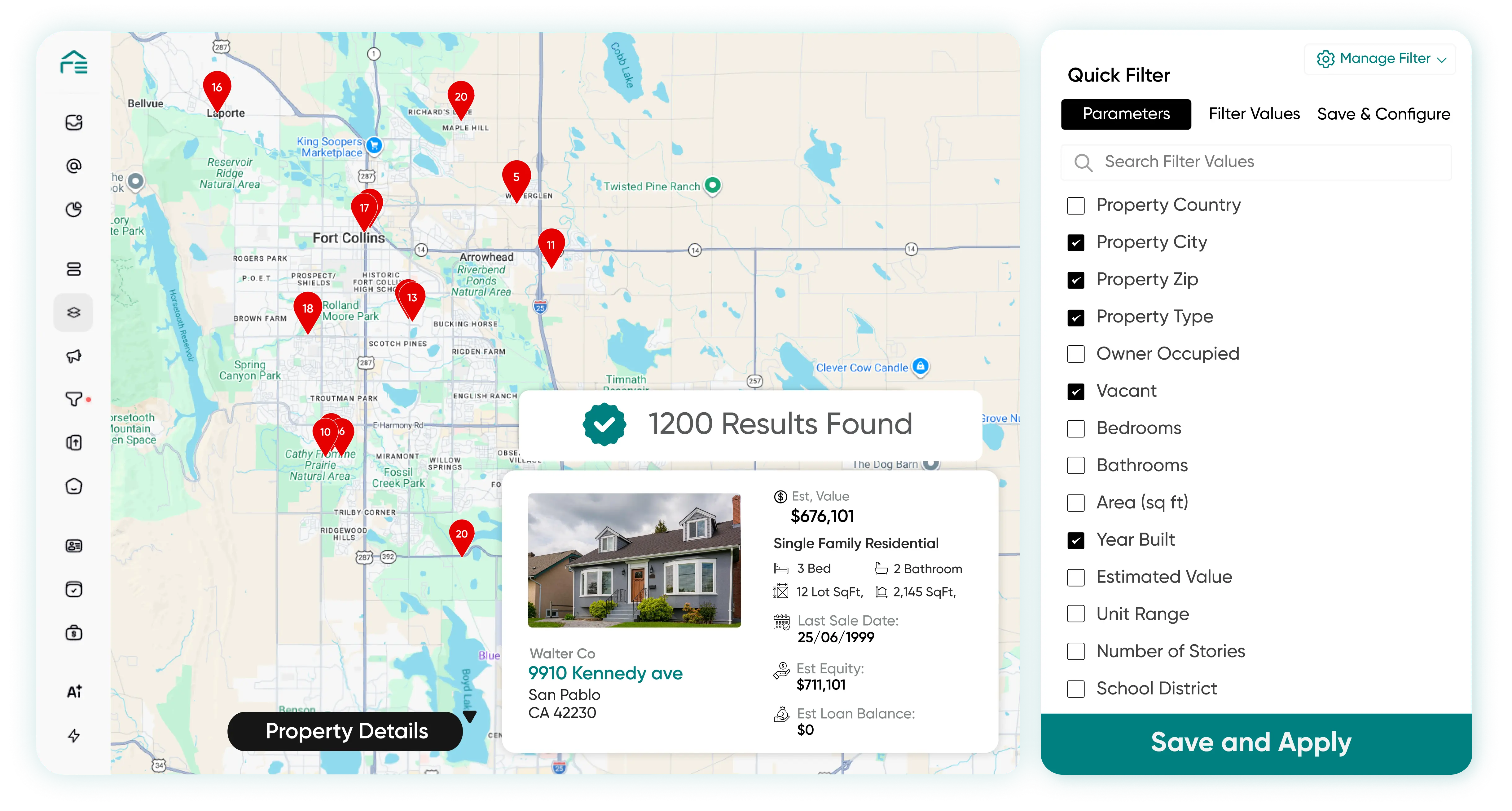 REsimpli list pulling map view showing 1200 results with quick filter panel