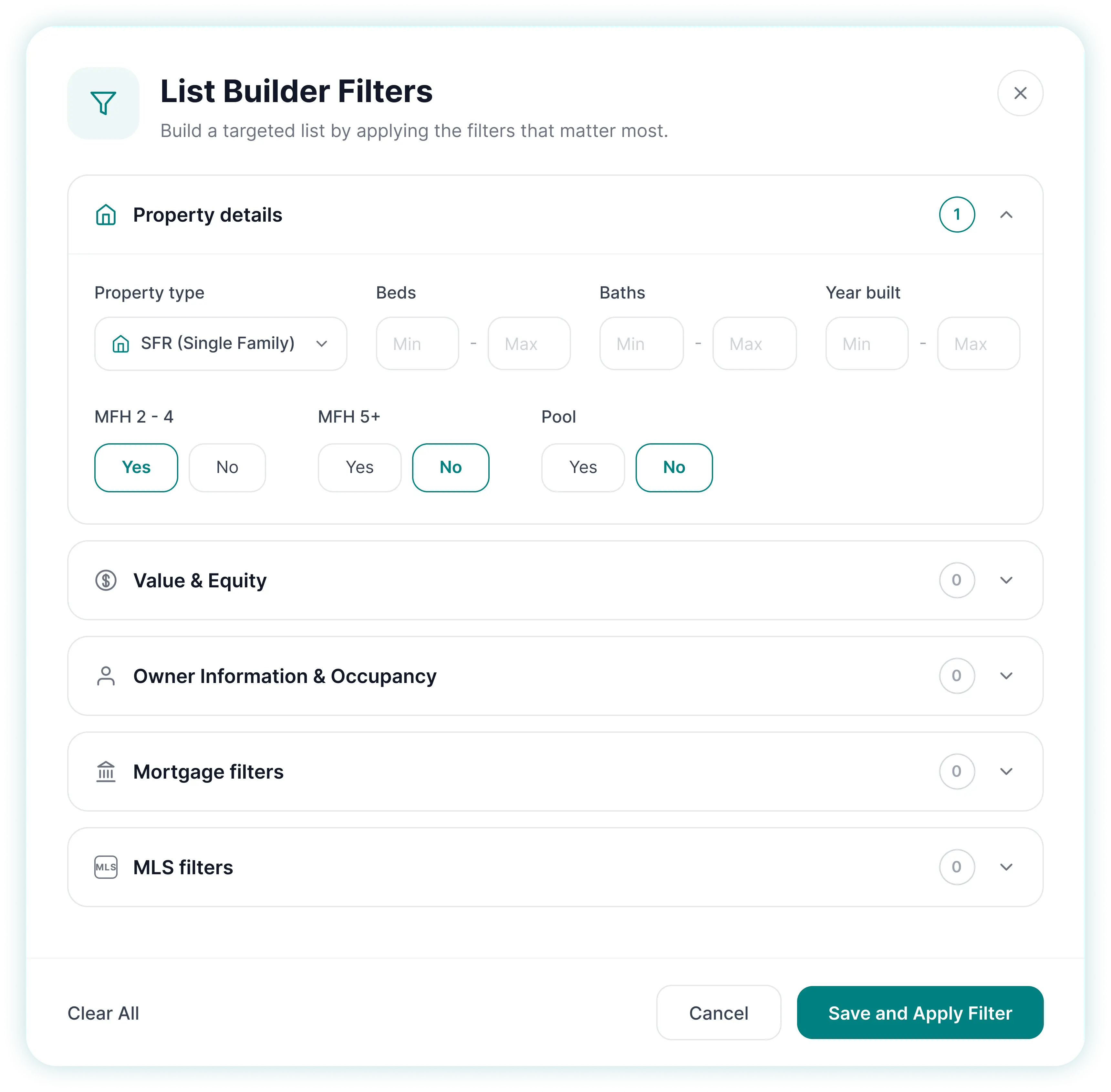 List builder filter panel with property, value, equity, and mortgage criteria