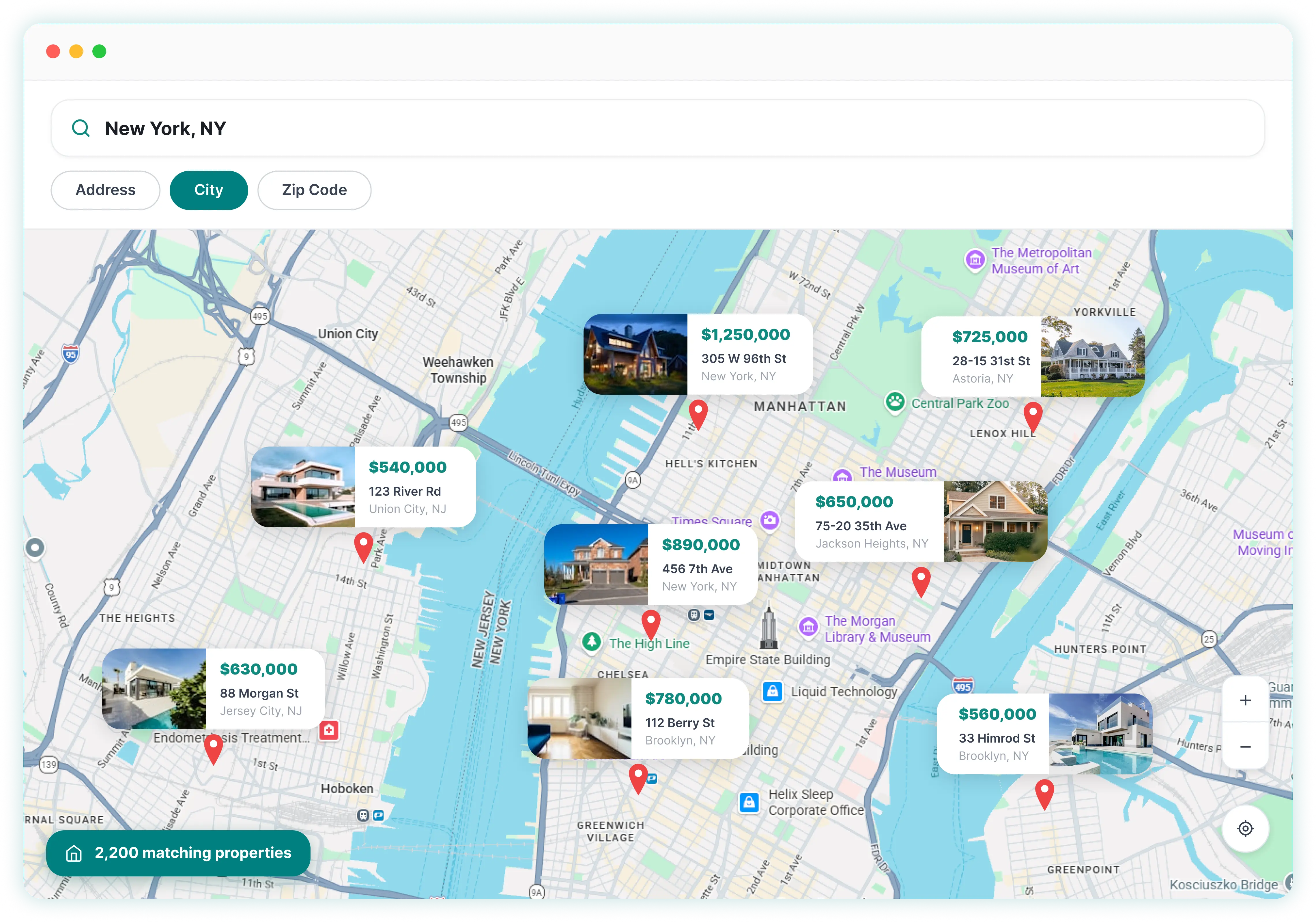 Nationwide property search results on a map for New York, NY