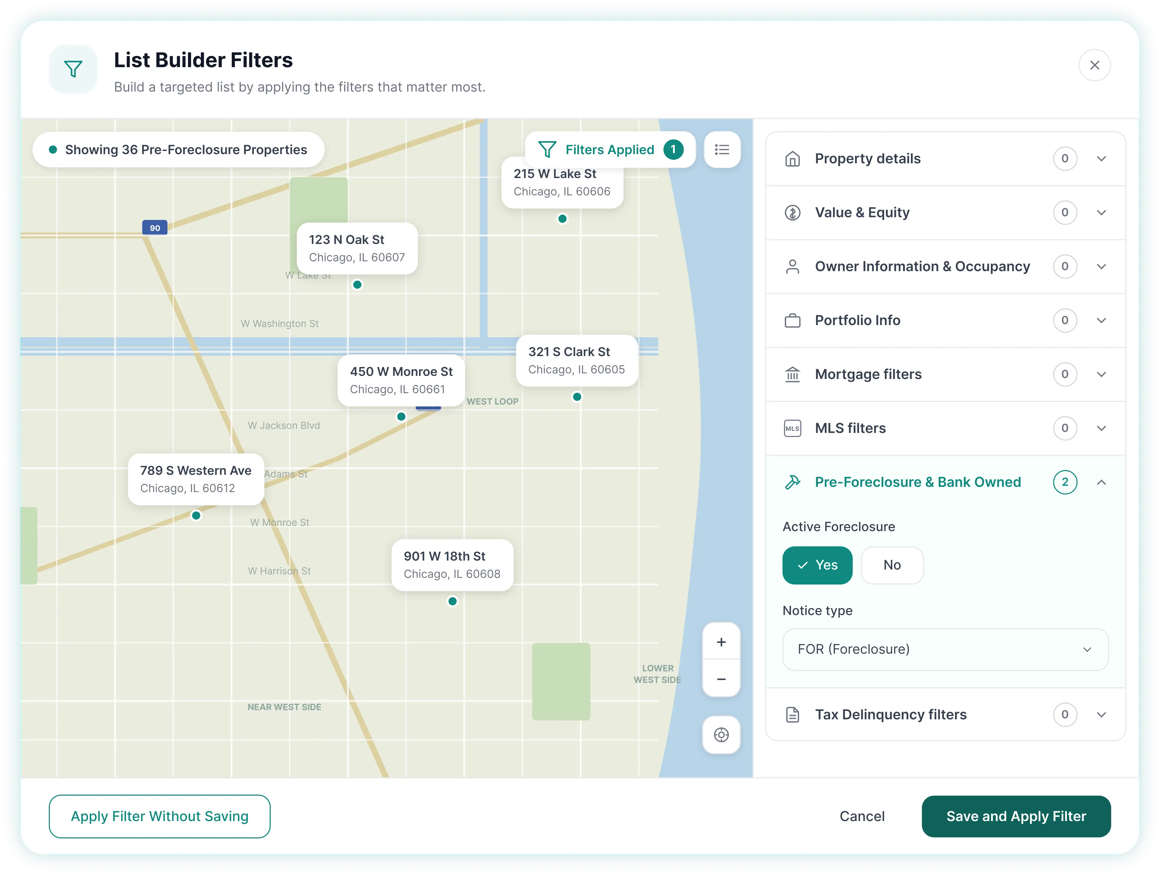 List builder filters showing pre-foreclosure properties on a map
