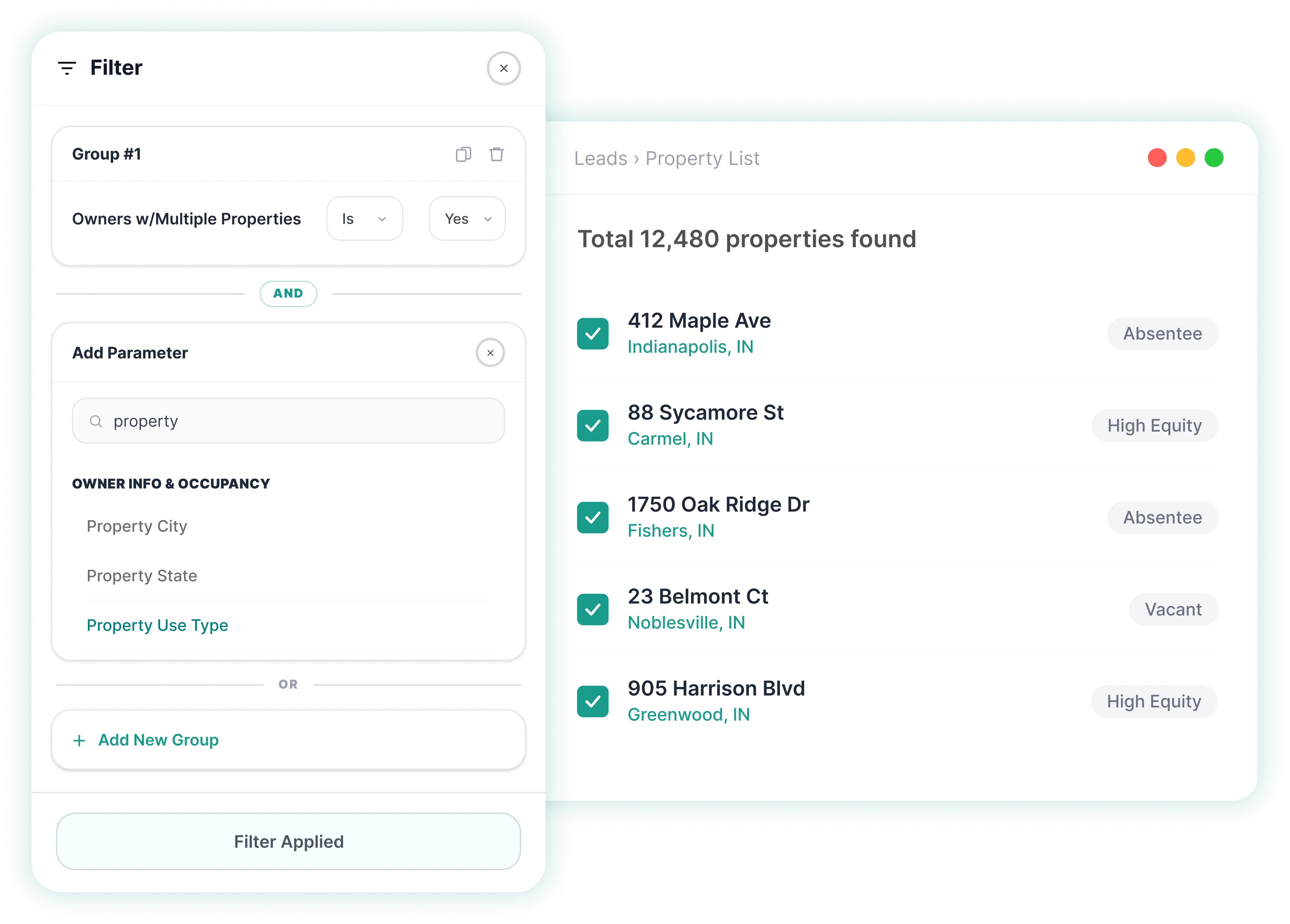 Filtered property list with absentee, high equity, and vacant tags ready for outreach