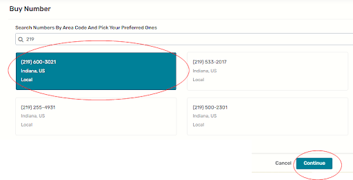 buy number section with red circle around a specific number and another red circle on the continue button