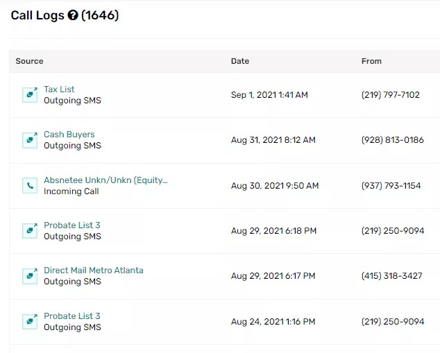 call logs showing source, date, and from