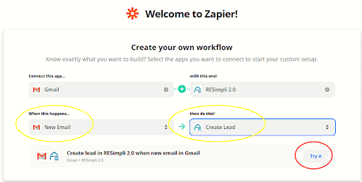 Create your own workflow page with action settings for new email from gmail to create lead with resimpli