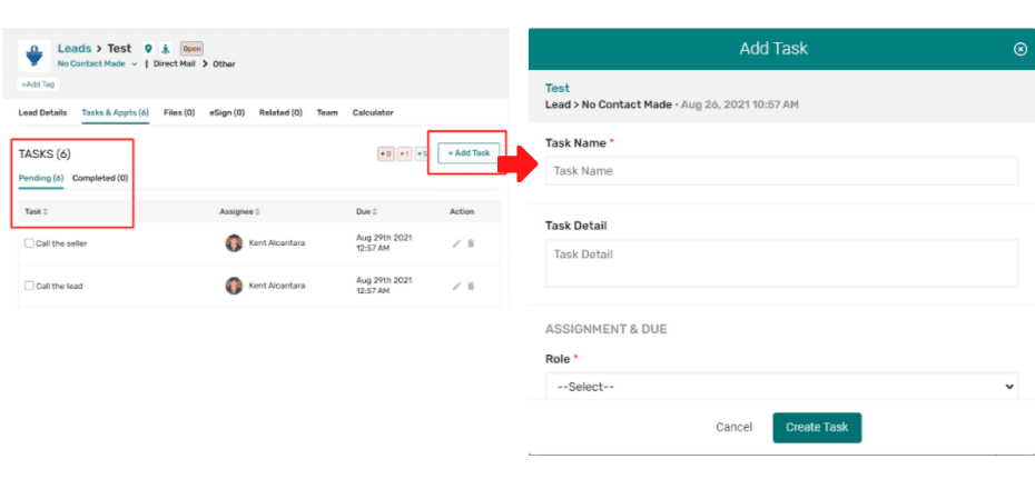 tasks and appts section with task details for creation