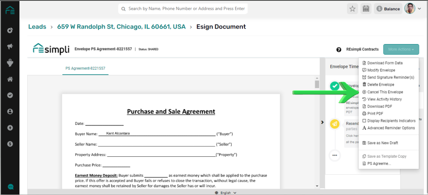 green arrow pointing to options on the esign document page