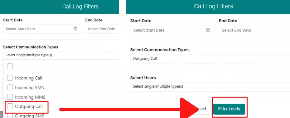 Call log section with red box around outgoing call and red arrow pointing to filter leads button