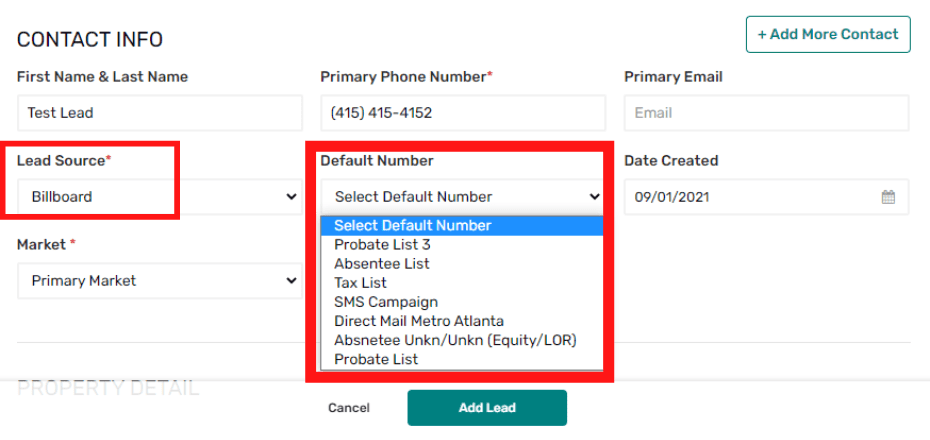 contact info page with red boxes around lead source and default number