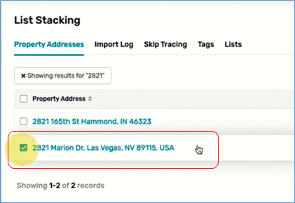 list stacking page with red box around address