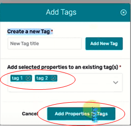 add tags section with red circle around existing tags and add properties tags button