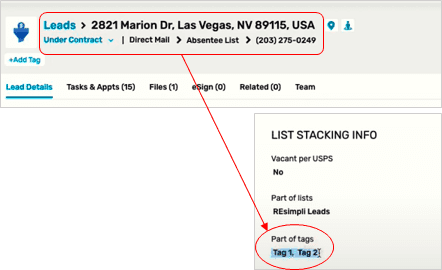 red box around leads information with red arrow pointing to red circle around part of tags