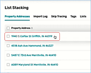 list stacking page with red box around property address