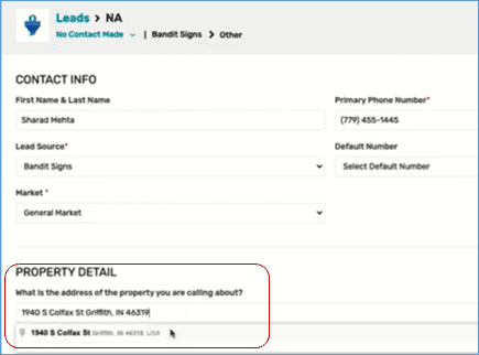 leads page with red box around property detail
