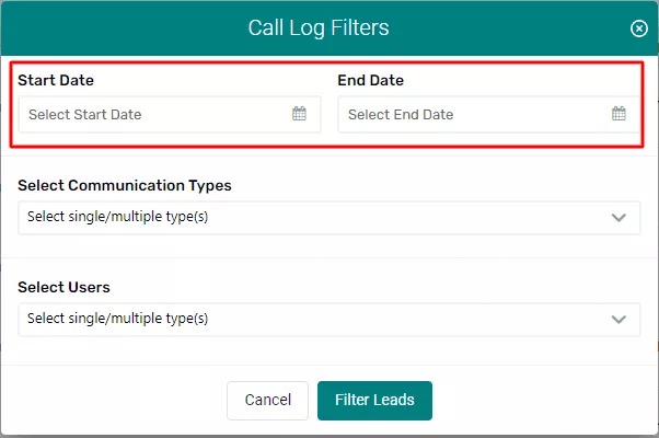 Call log filters with red box around start and end date