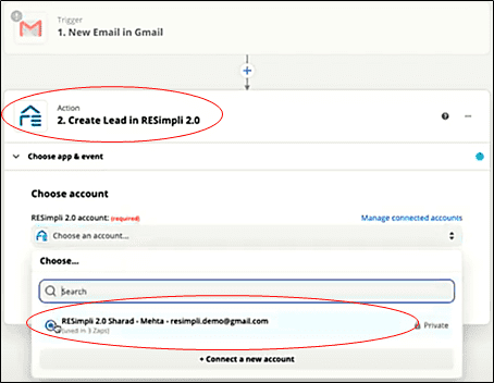 action step 2 create lead in resimpli with red circle around choose account