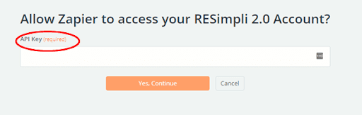 allow zapier to access your resimpli 2.0 account, red circle aroud API key