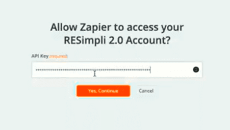 api field filled out with yes, continue button