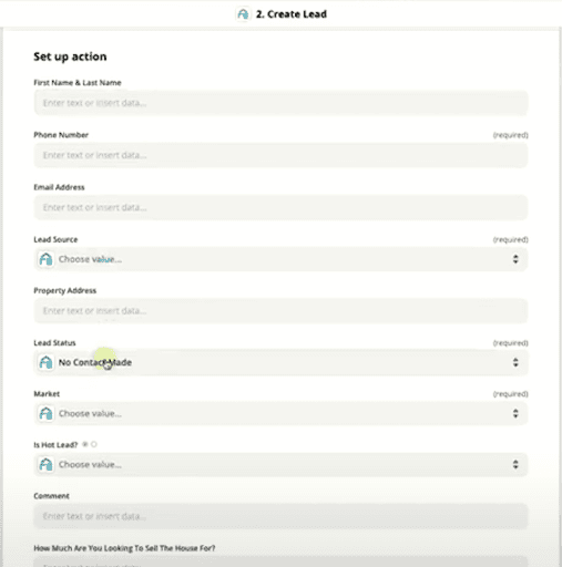 create lead section with setup action fields