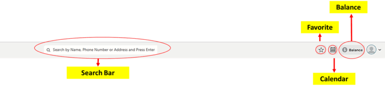 search bar and buttons for favorite, calendar, and balance