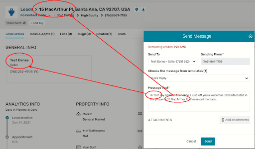 red circle around lead address that also have red arrows pointing to same details in the send message window