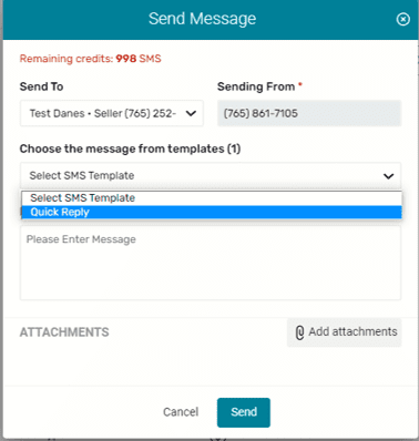 send message window showing send to, send from and template options for message.