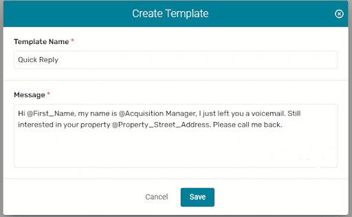 create template window with fields for template name and message.