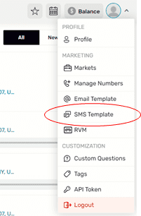 red circle around sms template options in profile panel