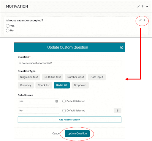 motivation section with a red circle around the pencil icon button that opens to an update customer question section that details can be added to