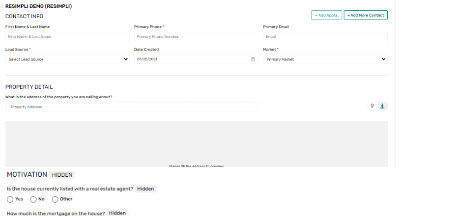 resimpli demo page showing contact information and property details
