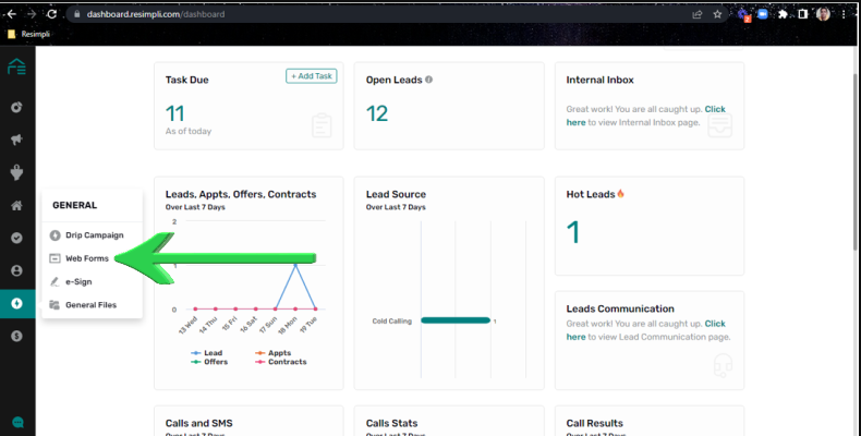 green arrow pointing to web forms in the side bar general section 