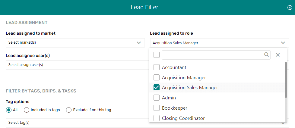 lead filter section with information for lead assignment