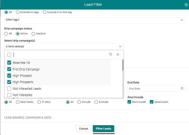 lead filter section with focus on drop campaign options