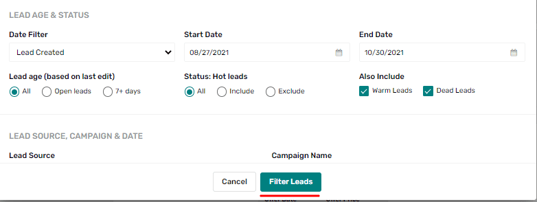 lead section with start and and end dates for leads with a red underline on filter leads button