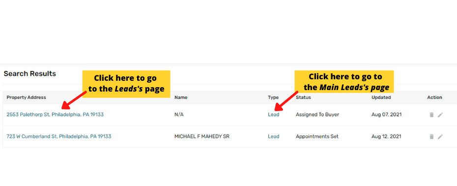 red arrow pointing to clickable addresses and another red arrow pointing to clickable lead type