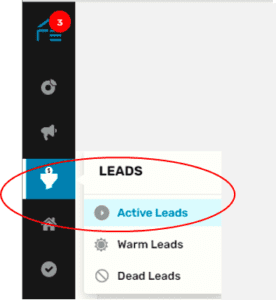 red circle around active leads option in the side panel leads section