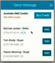 send message showing sms credits and leads with sms buttons for each