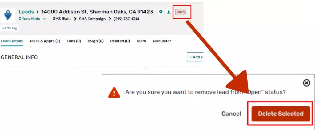 red box around open button with red arrow pointing to delete selected button. 