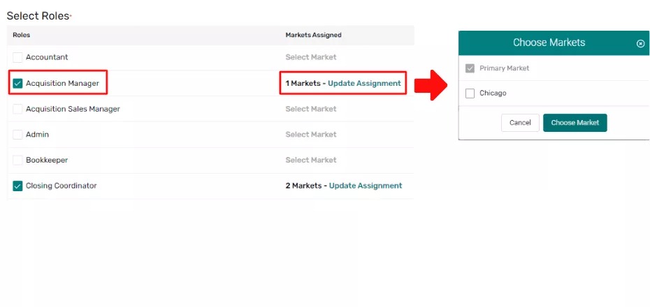 red box around acquisition manager and another red box around update assignment option