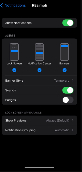 mobile device settings for notification
