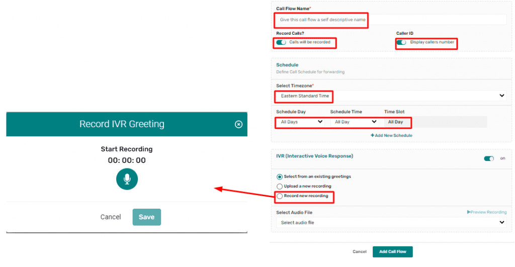 red boxes on call flow name, switch for call recording, switch for caller id, timezone, schedule, ivr option for record new recording