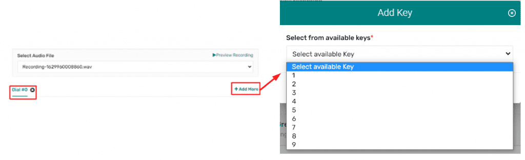 red boxes around dial#0 and add more button with red arrow pointing to available key drop down