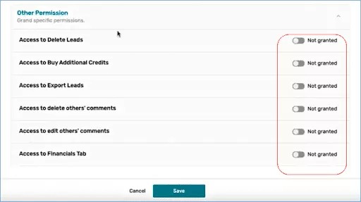 other permission section with red box around six options currently set to not granted 