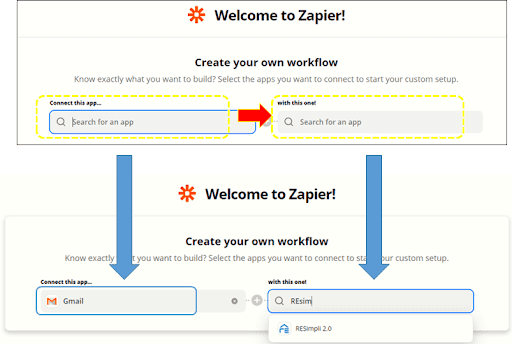 create your own workflow page with fields to connect gmail to resimpli