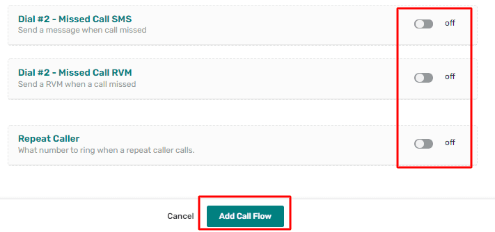 red boxes around switches for missed calls and add call flow button