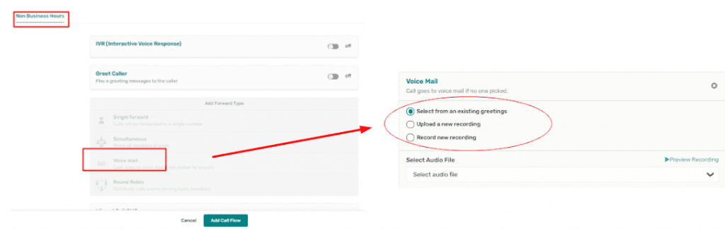 red boxes around non business hours label and voice mail option with a red hour pointing to red circle around voice mail option select from an existing greeting