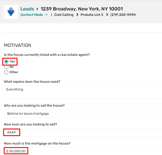 red box around yes option about the house being listed with a real estate agent. Other red box around the ASAP option for how soon the the user is willing to sell and much much the mortgage is. 