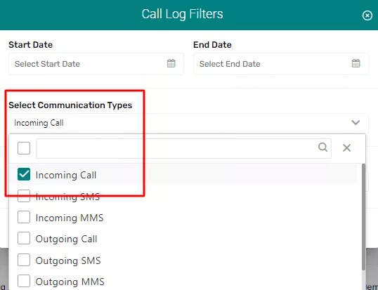 call log filters with incoming calls selected